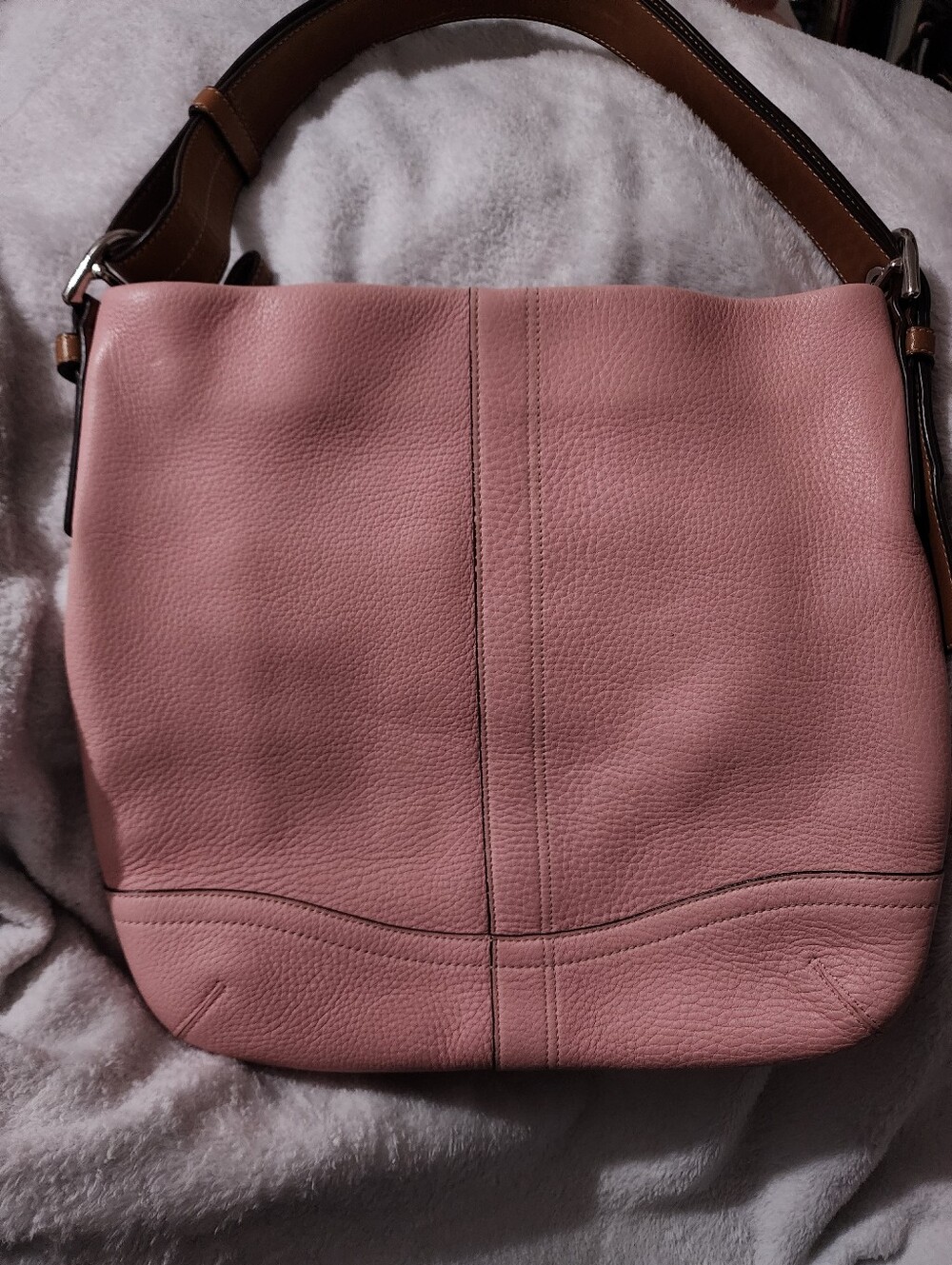 Coach Pink Pebbled Leather Hobo Shoulder Bag with a brown leather strap